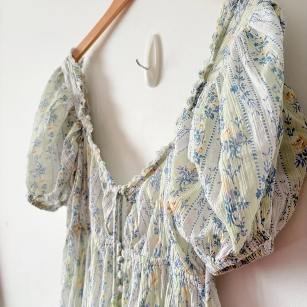 Free People Puff Sleeve Cotton Mini Dress Blue Green Floral Size Small - Picture 2 of 5